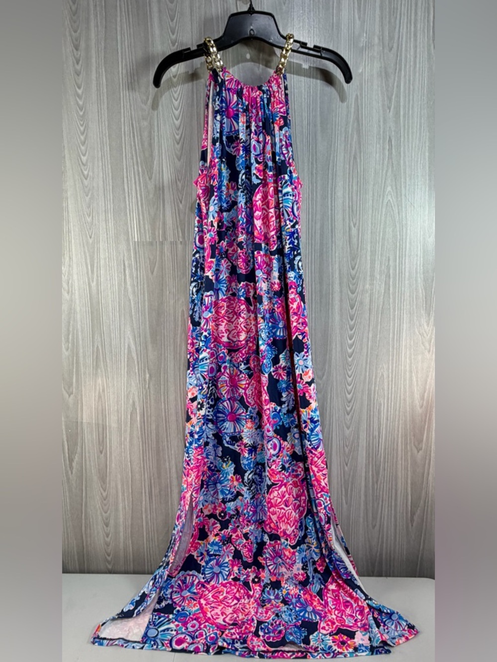 Lilly Pulitzer Bingham Halter Chain Midi Dress High Tide Turtle Resort Vacay M